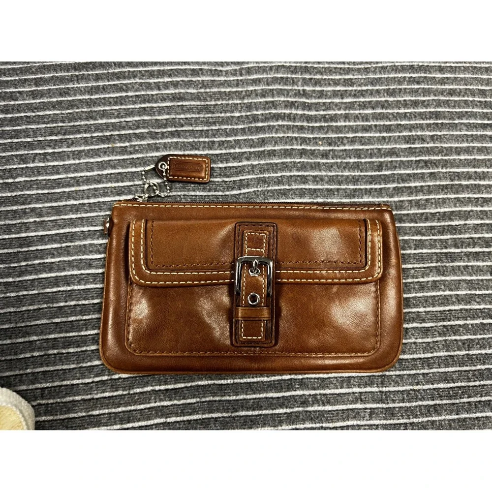 Coach Vintage Brown Leather Buckle Front Zipper Clutch Bag